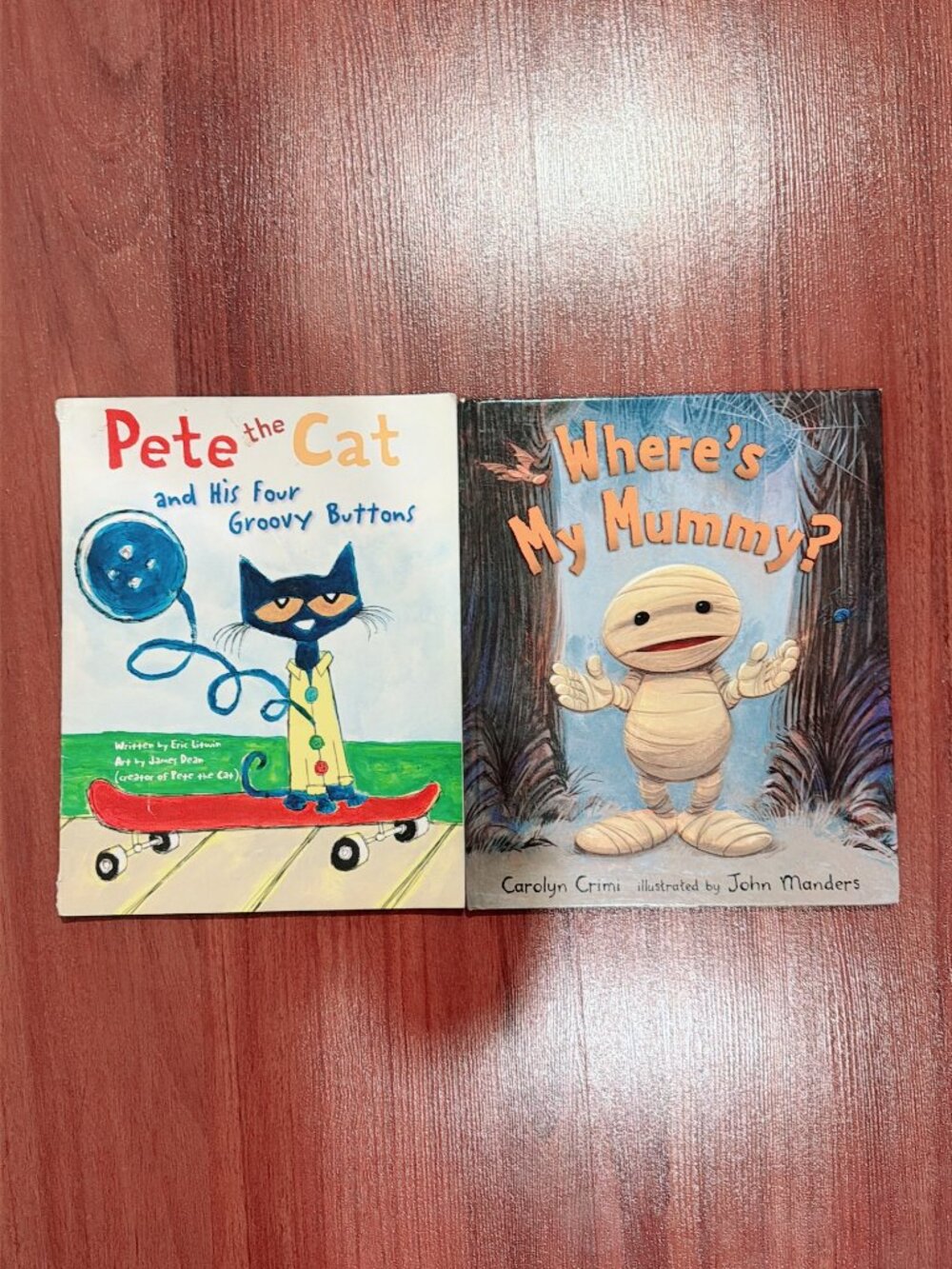 Lot of 2 Children's Books Pete the Cat Four Groovy Buttons & Where's My Mummy?